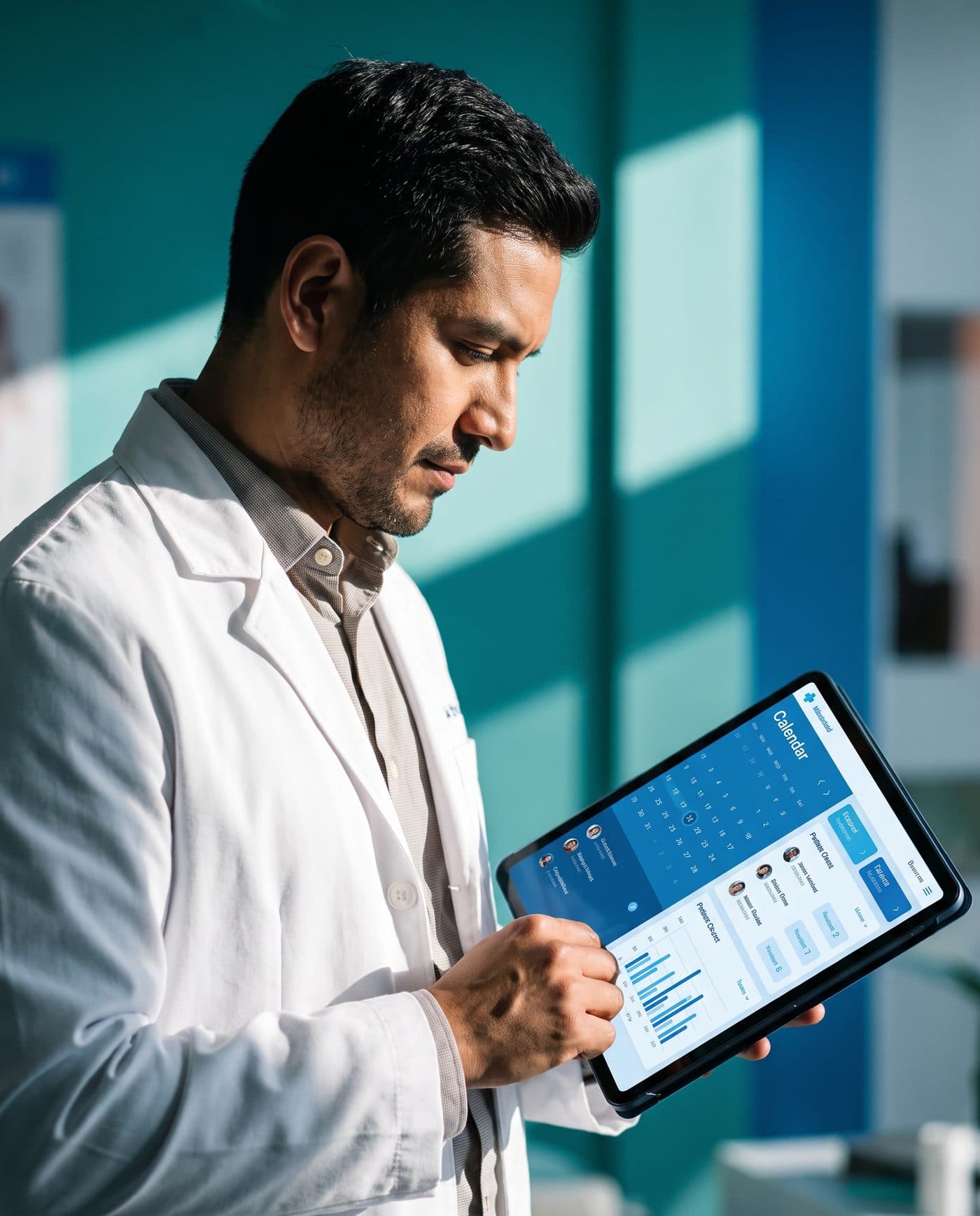 Médico revisando la agenda y los indicadores de tu consultorio en KliniQ 24/7 desde una tablet