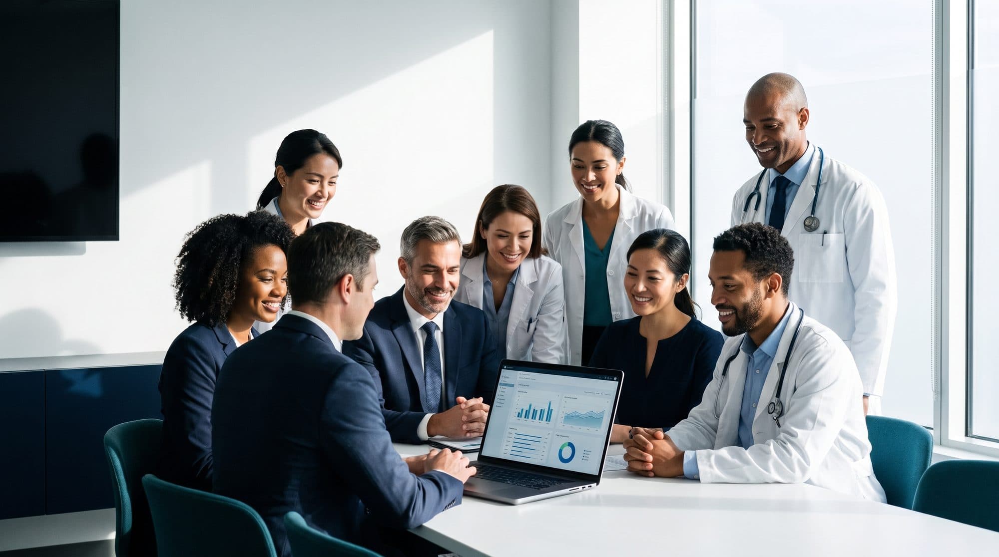Equipo directivo y médico revisando resultados e indicadores de gestión clínica